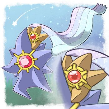 cape colored_skin commentary_request evolutionary_line gem gen_1_pokemon highres holding long_legs mega_pokemon mega_starmie nintendo no_eyes no_humans on_shoulder pokemon pokemon_(creature) pokemon_focus pokemon_on_shoulder purple_skin red_gemstone running shooting_star sky star_(sky) star_(symbol) starfish starmie staryu tori_(torisan_pokemon)