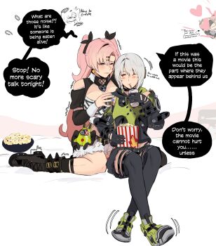 2girls absurdres amillion_(zenless_zone_zero) anby_demara bangboo_(zenless_zone_zero) bed belted_skirt black_gloves black_ribbon black_shorts black_skirt black_thighhighs blanket blindfold_mask blonde_hair blush bowl braid braided_sidelocks breasts clothing_cutout covered_eyes crop_top cutoffs drink drinking drinking_straw earrings english_text food fur-trimmed_shorts fur_trim glasses gloves glowing_mask green_jacket green_shoes green_sleeves grey_hair hair_ornament hair_ribbon hairclip hands_on_another&#039;s_shoulders headphones heart heart_earrings heart_necklace highres holding holding_drink holding_food jacket jewelry kiss looking_at_another looking_to_the_side mask micro_shorts mole mole_on_breast mole_under_eye multicolored_sleeves multiple_girls multiple_hair_ribbons necklace nicole_demara on_bed one_eye_closed pink_hair popcorn ribbon scared shoes shorts shoulder_cutout sitting skirt sleeveless sleeveless_jacket speech_bubble strapless stuffed_toy thigh_strap thighhighs trembling trigger_(zenless_zone_zero) tsukishiro_yanagi tube_top white_background white_tube_top yuri zanqi zenless_zone_zero