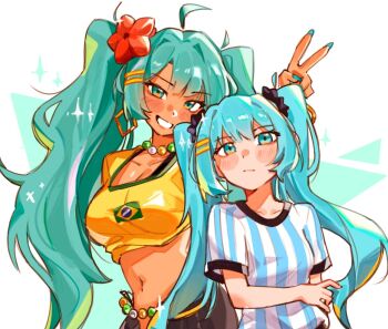 2girls alternate_breast_size_(larger) aqua_hair argentina argentinian_flag argentinian_flag_print argentinian_miku blush brazil brazilian_flag brazilian_flag_print brazilian_miku breasts commentary dark-skinned_female dark_skin dual_persona earrings english_commentary flag_print flower hair_flower hair_ornament hatsune_miku jewelry kazuont large_breasts long_hair multiple_girls open_mouth shirt smile tan tanline_peek twintails vocaloid worldwide_miku yellow_shirt