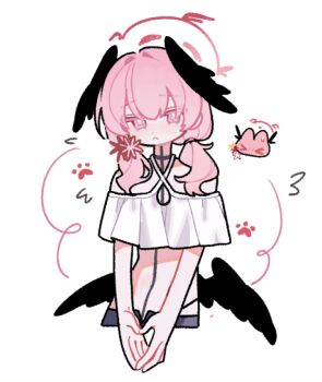 1girl blue_archive body_markings criss-cross_halter crop_top halo halterneck head_wings koharu_(blue_archive) koharu_(pizza_hut)_(blue_archive) low_twintails low_wings medium_hair nagakiras2 official_alternate_costume pink_eyes pink_hair pink_halo simple_background solo twintails white_background wings