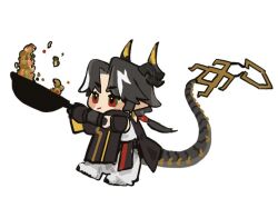 Rule 34 | 1boy, arknights, black hair, chibi, chinese commentary, chong yue (arknights), commentary request, cooking, dragon boy, dragon horns, dragon tail, earrings, full body, green eyes, hands up, horns, jewelry, long hair, long sleeves, looking at food, looking to the side, low ponytail, male focus, multicolored eyes, multicolored hair, pointy ears, red eyes, shinra 18, single sleeve, solo, streaked hair, tail, white background, white hair, wok