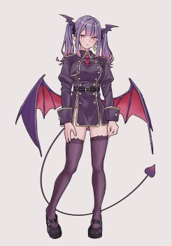 1girl bat_wings belt black_belt black_shoes breasts commentary commentary_request demon_girl demon_tail earrings full_body h4sh1rnoto head_wings highres jacket jewelry looking_at_viewer low_wings multiple_wings necktie original panties panty_peek pointy_ears purple_hair purple_jacket purple_thighhighs red_necktie shoes short_necktie side_slit simple_background solo standing string_panties tail thighhighs twintails underwear white_background wings zettai_ryouiki