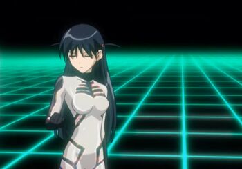 1girl alternate_costume blue_hair bodysuit breasts clenched_hand closed_eyes long_hair medium_breasts school_rumble serious solo stitched third-party_edit tsukamoto_tenma twintails