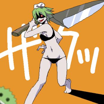 1girl barefoot bikini black_bikini creature evil_smile female_focus glowing glowing_eyes green_hair huge_weapon iya_maid knife lowleg lowleg_bikini lowres marimo oekaki original oversized_object short_hair simple_background smile solo swimsuit weapon yellow_background
