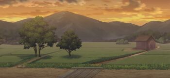 bridge cloud day field game_cg grass hut mountain no_humans non-web_source official_art orange_sky outdoors path road scenery sky stream touhou touhou_gensou_eclipse tree water_wheel wooden_bridge