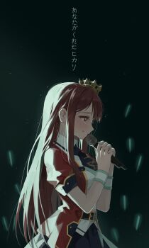 Rule 34 | 1girl, absurdres, commentary request, concert, crown, from side, glowstick, hano9789, highres, holding, holding microphone, idol, idolmaster, idolmaster million live!, idolmaster million live! theater days, jacket, korean commentary, long hair, microphone, mini crown, necktie, official alternate costume, red hair, red jacket, shiny trinity (idolmaster), short sleeves, sidelighting, solo, standing, tanaka kotoha, tears, translation request, wrist cuffs