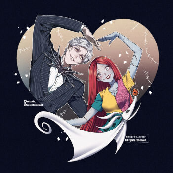 1boy 1girl colored_skin dress formal_clothes highres humanization jack_skellington long_hair long_sleeves mizala open_mouth patchwork_clothes patchwork_skin pinstripe_pattern pinstripe_suit pinstripe_vest red_hair sally_(nbc) smile stitched_arm stitched_face stitches striped_clothes striped_vest suit the_nightmare_before_christmas vertical-striped_clothes vertical-striped_vest vest