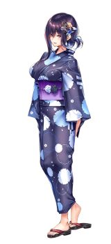 1girl amakano_2 black_sandals blue_kimono blush breasts floral_print floral_print_kimono flower full_body green_eyes hair_between_eyes hair_flower hair_ornament himiyama_rei japanese_clothes kimono large_breasts long_hair looking_at_viewer obi official_art open_mouth piromizu print_kimono purple_hair purple_sash sandals sash simple_background smile solo standing tachi-e transparent_background