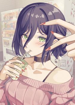 1girl bare_shoulders black_choker black_hair blush breasts chainsaw_man choker closed_mouth collarbone commentary dazed_pedler double-parted_bangs drinking drinking_straw english_commentary fingernails green_eyes hair_between_eyes hair_bun half-heart_hands hand_up highres holding holding_juice_box juice_box long_hair_between_eyes long_sleeves looking_at_viewer nail_polish pink_sweater red_nails reze_(chainsaw_man) short_hair single_hair_bun small_breasts solo sweater upper_body