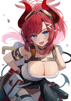 Rule 34 | 1girl, :d, absurdres, armband, backpack, bag, bare shoulders, black choker, black skirt, black thighhighs, blue archive, blue eyes, blush, breasts, choker, cleavage, clothes around waist, collarbone, commentary request, cowboy shot, gloves, goggles, goggles on head, hair ornament, hands on own hips, highres, horns, large breasts, leaning forward, long hair, looking at viewer, lower teeth only, megu (blue archive), miniskirt, nano (nandemo note31), open mouth, pleated skirt, pointy ears, ponytail, pouch, red gloves, red hair, shirt, simple background, skirt, smile, solo, teeth, thighhighs, very long hair, white background, white shirt