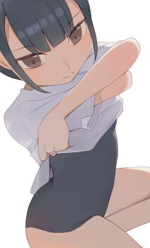 1girl black_hair black_one-piece_swimsuit blunt_bangs breasts brown_eyes closed_mouth clothes_lift commentary_request highres hiroki_(yyqw7151) lifting_own_clothes long_hair looking_at_viewer one-piece_swimsuit original partial_commentary shirt shirt_lift short_hair short_sleeves simple_background sitting small_breasts solo swimsuit swimsuit_under_clothes thighs white_background white_shirt