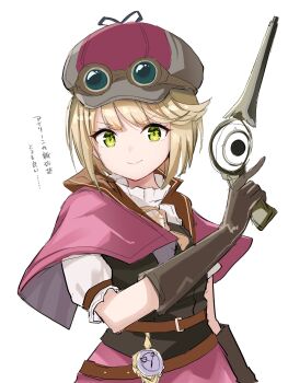 >:) 1girl black_gloves blonde_hair capelet closed_mouth cowboy_shot deerstalker gloves goggles goggles_on_headwear green_eyes gun hand_up hashtag-only_commentary hat heaven_burns_red highres holding holding_gun holding_weapon irene_redmayne looking_at_viewer medium_hair pink_capelet pink_skirt rrtp shirt short_sleeves simple_background sketch skirt smile smug solo swept_bangs translation_request v-shaped_eyebrows weapon white_background white_shirt