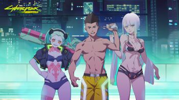 1boy 2girls absurdres bikini black_bikini breasts cd_projekt_red cyberpunk:_edgerunners cyberpunk_(series) david_martinez hagano_yoshifumi highres holding_juice_box jacket looking_at_viewer lucy_(cyberpunk) multiple_girls night official_art open_clothes open_jacket pool rebecca_(cyberpunk) second-party_source shorts smile swimsuit trigger_(company) water_gun yellow_shorts