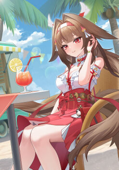 1girl absurdres adjusting_hair animal_ear_fluff animal_ears armband bare_shoulders blue_sky bracelet breasts brown_hair chair cleavage closed_mouth cloud cocktail collar commentary_request cross-laced_clothes cross-laced_top drinking_straw droopy_ears flyyao food frilled_armband frilled_collar frilled_shirt frills fruit hairband high-waist_skirt highres jewelry large_breasts lemon lemon_slice long_hair long_skirt looking_at_viewer multicolored_hairband official_alternate_costume on_chair outdoors palm_tree red_bag red_eyes red_hairband red_skirt shirt sitting skirt sky smile solo tree white_armband white_hairband ye_shunguang ye_shunguang_(touch_of_dawnlight) zenless_zone_zero
