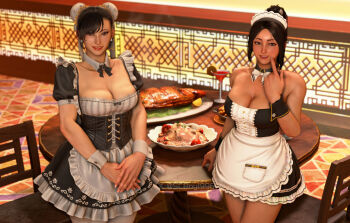 2girls 3d alternate_costume artist_request breasts bun_cover capcom chun-li cleavage crossover curvy double_bun enmaided fatal_fury female_focus game_screenshot hair_bun large_breasts looking_at_viewer maid maid_headdress makeup multiple_girls shiranui_mai smile snk street_fighter street_fighter_6 tagme wide_hips wrist_cuffs