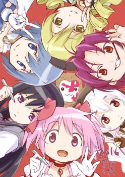 2016 6+girls akemi_homura akemi_homura_(magical_girl) animal_ear_headwear animal_ears antenna_hair armlet beanie beret black_hair black_hat blonde_hair blue_hair blue_shirt blue_sleeves bow bow_choker bowtie brown_choker brown_gloves brown_hat cape capelet cat_ears chest_jewel chinese_zodiac choker closed_mouth collared_cape detached_sleeves dot_nose dress drill_hair earflap_beanie fake_animal_ears fingerless_gloves food food_in_mouth frilled_dress frilled_shirt frills fur_trim gem gloves grey_capelet grin hair_between_eyes hair_bow hair_over_shoulder hairband hand_up hat high_collar holding holding_food holding_marker holding_pocky jewelry kaname_madoka kaname_madoka_(magical_girl) long_hair long_sleeves looking_at_viewer magical_girl mahou_shoujo_madoka_magica mahou_shoujo_madoka_magica:_hangyaku_no_monogatari mahou_shoujo_madoka_magica_(anime) marker miki_sayaka miki_sayaka_(magical_girl) momoe_nagisa momoe_nagisa_(magical_girl) monkey multiple_girls official_art open_mouth orange_eyes parted_bangs parted_lips pink_bow pink_eyes pink_gemstone pink_hair pocky pocky_in_mouth puffy_short_sleeves puffy_sleeves purple_bow purple_bowtie purple_eyes purple_hairband raised_eyebrows red_background red_bow red_choker red_eyes red_hair sakura_kyoko sakura_kyoko_(magical_girl) second-party_source shirt short_hair short_sleeves short_twintails signature smile square_neckline straight_hair strapless strapless_shirt taniguchi_jun'ichirou tareme tomoe_mami tomoe_mami_(magical_girl) tsurime twin_drills twintails upper_body v very_long_hair waving white_cape white_dress white_gloves white_hair year_of_the_monkey yellow_eyes