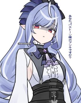 1girl angry armpits ascot bow bowtie breast_curtains center_frills disappointed drill_hair frills gem haruo_(haruooimo) long_hair looking_at_viewer mole mole_under_eye pointy_ears purple_ascot purple_bow purple_bowtie purple_gemstone purple_hair red_eyes ribbon shirt sideboob_cutout skirt solo standing vivian_banshee white_background white_shirt zenless_zone_zero