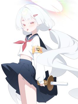 1girl absurdres armband bandaid bandaid_on_pussy blue_skirt clothes_lift cowboy_shot from_side hair_ornament hairclip halo highres honi_(honi1010) loli long_hair long_sleeves looking_at_viewer looking_to_the_side midriff neckerchief red_eyes red_neckerchief shirt simple_background skirt skirt_lift solo thick_eyebrows tongue tongue_out trickcal twintails uros_(trickcal) very_long_hair white_background white_hair white_shirt yellow_armband