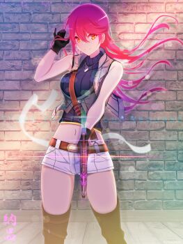 1girl absurdres artist_name bare_shoulders belt black_gloves breasts brick_wall closed_mouth commission crop_top cropped_jacket dog_tags double-parted_bangs eiyuu_densetsu english_text floating_hair furisode_(pixilvina) glint gloves gun hair_between_eyes handgun highres holding holding_gun holding_weapon jacket large_breasts long_hair looking_at_viewer midriff navel pink_hair sara_valestein sen_no_kiseki_(series) shorts skeb_commission sleeveless sleeveless_jacket smile solo thighs watermark weapon wooden_floor yellow_eyes