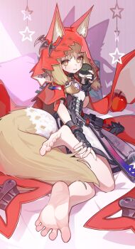 1girl absurdres animal_ear_fluff animal_ears apple arknights arknights:_endfield barefoot belt black_gloves blonde_hair cape character_doll closed_mouth commentary_request doll dress endministrator_(arknights) female_endministrator_(arknights) fingerless_gloves food fruit gloves high-waist_belt highres hood hooded_cape indoors jewelry long_hair looking_at_viewer low-tied_sidelocks lying necklace red_cape rossi_(arknights) sidelocks soles solo tail toki_kimagure tooth_necklace white_dress wolf_ears wolf_girl wolf_tail yellow_eyes