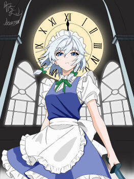 1girl analog_clock apron aurora_(wdc1234555) back_bow blue_eyes bow bowtie braid clock closed_mouth commentary green_bow green_bowtie grey_hair hair_bow highres holding holding_knife izayoi_sakuya knife long_hair looking_at_viewer maid maid_headdress puffy_short_sleeves puffy_sleeves roman_numeral short_sleeves solo touhou twin_braids waist_apron white_apron white_bow