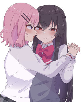 Rule 34 | 1nnsai, 2girls, absurdres, amaori renako, black hair, blush, bow, bowtie, braid, collared shirt, commentary, grey sweater vest, half up braid, highres, holding hands, interlocked fingers, koto satsuki, long hair, medium hair, multiple girls, open mouth, pink bow, pink bowtie, pink hair, purple eyes, red eyes, shirt, simple background, sweat, sweater vest, watashi ga koibito ni nareru wake naijan murimuri!, white background, white shirt, yuri
