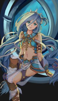 1girl blue_eyes blue_hair breasts commentary_request crescent_sword dana_iclucia hairband highres jewelry long_hair looking_at_viewer low-tied_long_hair naked_overalls navel necklace overall_skirt overalls riwancece_428 simple_background small_breasts spiked_hairband spikes tiara tooth_necklace underboob very_long_hair ys ys_viii:_lacrimosa_of_dana