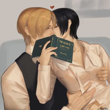 1boy 1girl ada_wong black_hair black_vest blonde_hair book breast_pocket breasts chinese_commentary closed_eyes collared_shirt commentary_request couple hands_on_another's_waist heart hetero highres holding holding_book implied_kiss indoors kurumi031212 leon_s._kennedy long_sleeves open_book pocket profile resident_evil shirt short_hair upper_body vest waistcoat white_shirt