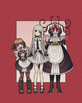 Rule 34 | 3girls, apron, belt, black choker, blair bradley, blonde hair, blue eyes, blunt bangs, boots, bow, bowtie, breasts, brown dress, brown hair, byackopath (artist), choker, closed mouth, colorful gray, commentary request, dress, drooling, full body, hands up, head tilt, headless, heterochromia, high heel boots, high heels, iris grandguinol, juliet sleeves, knee boots, large breasts, lineup, long sleeves, looking at viewer, maid, mary sue (colorful gray), multiple girls, necktie, open mouth, orange eyes, platform sandals, puffy sleeves, purple eyes, red background, red bow, red bowtie, sandals, short dress, short hair, short twintails, sleeveless, sleeveless dress, small breasts, smile, tareme, twintails, waist apron, white dress, wide-eyed