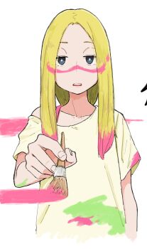 1girl blonde_hair blue_eyes bra_strap bright_pupils collarbone facing_viewer half-closed_eyes highres long_hair looking_at_viewer mimi_zukuu mina_(pokemon) nintendo open_mouth paint_in_hair paint_splatter paint_splatter_on_face paintbrush painting_(action) pokemon pokemon_sm shirt solo t-shirt white_background