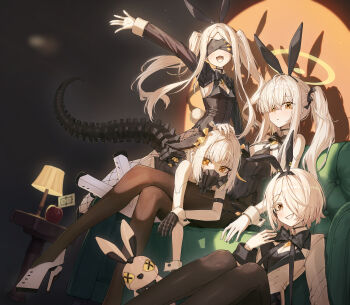 4girls absurdres animal_ear_hairband animal_ears black_hairband black_leotard black_pantyhose blue_archive commentary_request covered_navel crossed_legs ein_(blue_archive) fake_animal_ears fishnet_pantyhose fishnets hairband halo highres kokukyukeo leotard malkuth_(blue_archive) multiple_girls ohr_(blue_archive) pantyhose playboy_bunny rabbit_ear_hairband rabbit_ears sitting sof_(blue_archive) thighband_pantyhose thighs white_hair yellow_eyes yellow_halo