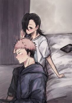 Rule 34 | 2boys, :o, bedroom, black hair, blue hoodie, blush, curtains, dvd case, frown, grey eyes, hair over one eye, hand up, highres, hood, hoodie, itadori yuuji, jujutsu kaisen, multiple boys, on bed, on ground, pink hair, scar, shirt, sitting, sweatdrop, undercut, white shirt, y725natsu, yellow eyes, yoshino junpei