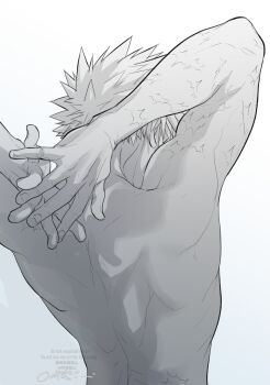 Rule 34 | 1boy, arms up, back, bakugou katsuki, boku no hero academia, from behind, grey background, greyscale, highres, male focus, monochrome, multiple scars, nude, oroshi mi, scar, scar on arm, short hair, signature, simple background, solo, spiked hair, upper body, watermark