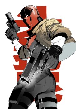 1boy 3000zialg bat_signal batman_(series) batman_symbol black_bodysuit black_gloves bodysuit brown_jacket dc_comics gloves grey_bodysuit highres holding jacket jason_todd looking_at_viewer male_focus mask multicolored_bodysuit muscular muscular_male open_clothes pants red_hood_(dc) red_hood_and_the_outlaws red_mask simple_background solo superhero_costume taut_bodysuit two-tone_bodysuit white_background