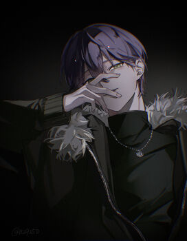 absurdres black_background black_jacket black_shirt commentary_request film_grain from_below fur_trim green_eyes highres jacket jewelry kenmochi_touya male_yandere necklace nijisanji open_mouth purple_hair shirt sumi_(n29250) turtleneck virtual_youtuber watermark yandere zipper