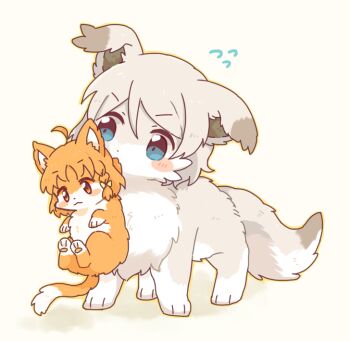 Rule 34 | 2girls, ahoge, animal focus, animalization, blue eyes, braid, cat, commentary request, dog, flying sweatdrops, full body, grey fur, grey hair, love live!, love live! sunshine!!, mouth hold, multiple girls, nako (user wnnm5534), no humans, orange fur, orange hair, short hair, standing, takami chika, watanabe you