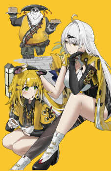 1boy 2girls ahoge animal_ear_fluff animal_ears asymmetrical_gloves bamboo_steamer belly black_fur black_gloves black_unitard blush bow bracelet breasts brown_thighhighs cleavage closed_mouth colored_inner_hair dumpling elbow_gloves elbow_on_knee fat fat_man fingerless_gloves food food_on_face furry furry_male gloves green_eyes hair_ornament hairpin headpat highres holding holding_food invisible_chair jacket jewelry ju_fufu large_breasts long_hair looking_at_another multicolored_fur multicolored_hair multiple_girls noeru open_mouth pan_yinhu panda_boy panda_ears round_eyewear single_elbow_glove single_hair_intake single_thighhigh sitting spiked_bracelet spikes striped_fur striped_hair tail tail_bow tail_ornament thighhighs tiger_ears tiger_girl tiger_stripes tiger_tail uneven_gloves white_fur white_hair wok yellow_background yellow_eyes yellow_jacket yin_yang_pin yixuan_(zenless_zone_zero) zenless_zone_zero
