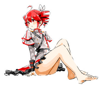 1girl :o ahoge ass barefoot blush blush_stickers buttons double-breasted drill_hair frilled_skirt frills full_body grey_jacket grey_skirt hair_between_eyes hair_ribbon jacket kasane_teto kasane_teto_(sv) knees_up long_hair long_sleeves looking_afar looking_to_the_side mp777b on_ground open_mouth raised_eyebrows red_eyes red_hair red_trim ribbon short_hair shoulder_belt shoulder_boards sidelocks simple_background sitting sketch skirt solo synthesizer_v toes twin_drills white_background white_ribbon