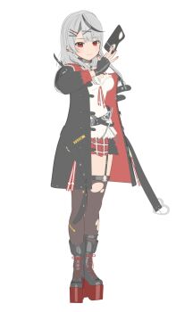 1girl 3d arm_up bakishin belt between_fingers black_belt black_boots black_collar black_gloves black_hair black_mask boots breasts camisole caution chain collar commentary_request eye_mask fingerless_gloves frilled_camisole frills full_body gloves grey_hair hair_ornament hand_up heart_collar heart_pendant highres holding holding_mask hololive lace-up_boots large_breasts long_hair long_sleeves looking_at_viewer mask maya_(medium) multicolored_hair o-ring o-ring_legwear off-shoulder_jacket off_shoulder plaid_clothes plaid_skirt platform_boots platform_footwear pleated_skirt red_eyes red_nails red_skirt sakamata_chloe sakamata_chloe_(1st_costume) simple_background skirt smile solo standing streaked_hair thighhighs torn_clothes torn_thighhighs virtual_youtuber white_background white_camisole x_hair_ornament