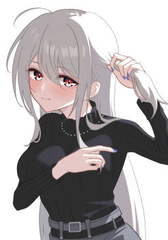 1girl arknights aruku_(arukunights) black_sweater blush breasts closed_mouth commentary_request fingernails grey_hair hair_between_eyes highres holding holding_own_hair jewelry long_hair long_sleeves looking_at_viewer medium_breasts nail_polish necklace official_alternate_costume partial_commentary purple_nails red_eyes ribbed_sleeves ribbed_sweater simple_background skadi_(arknights) skadi_(the_next_afternoon_tea)_(arknights) solo sweater turtleneck turtleneck_sweater white_background