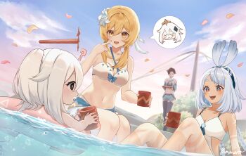 4girls :d ? absurdres amaneko_(amaneko_y) atea_(genshin_impact) bare_shoulders bikini black_eyes blonde_hair blue_shorts blue_thighhighs body_markings braid breasts brown_hair cleavage closed_eyes collarbone commentary_request criss-cross_halter crop_top cup flower genshin_impact hair_between_eyes hair_flower hair_ornament halo halterneck highres holding holding_cup holding_tray innertube long_hair lumine_(genshin_impact) lumine_(hot_springs)_(genshin_impact) medium_breasts mualani_(genshin_impact) mualani_(hot_springs)_(genshin_impact) multiple_girls navel official_alternate_costume one-piece_swimsuit onsen open_mouth outdoors paimon_(genshin_impact) paimon_(hot_springs)_(genshin_impact) pointing pointing_at_self red_eyes same-sex_bathing shared_bathing short_hair_with_long_locks shorts signature sitting smile spoken_character stomach swim_ring swimsuit symbol-shaped_pupils teeth thighhighs tray upper_teeth_only very_long_hair walking white_bikini white_flower white_hair white_one-piece_swimsuit yellow_eyes