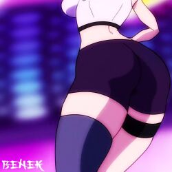 1girl animated ass ass_shake asymmetrical_legwear audible_music bare_arms bare_shoulders benek black_shorts blue_hair blush boots bouncing_breasts breasts closed_eyes cowboy_shot cropped_shirt dancing dot_nose eyebrows eyelashes fingernails full_body grey_boots grey_shirt grey_thighhighs grin hands_on_own_hips happy headphones heart heart_hands iono_(pokemon) large_breasts light_blue_hair long_hair looking_at_viewer looping_animation low_twintails lower_body midriff multicolored_hair navel nintendo one_eye_closed open_mouth pink_eyes pink_hair pokemon pokemon_sv sharp_teeth shirt shorts sleeveless sleeveless_shirt smile solo sound standing tagme teeth thigh_strap thighhighs tongue twintails two-tone_hair upper_body v_arms video