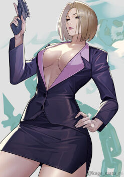 Rule 34 | 1girl, absurdres, blonde hair, breasts, brown eyes, center opening, chain, cleavage, collarbone, gun, highres, hunter x hunter, kagematsuri, large breasts, long sleeves, pakunoda, parted bangs, short hair, skeleton, skirt, solo, thighs, weapon