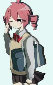 Rule 34 | 1girl, ahoge, bag, blue bag, brown skirt, closed mouth, collared shirt, cowboy shot, drill hair, expressionless, green background, grey sleeves, hashtag-only commentary, highres, kasane teto, one eye closed, pink eyes, red hair, red ribbon, ribbon, school uniform, shirt, simple background, skirt, solo, standing, twin drills, utau, uuuuua07, yellow shirt