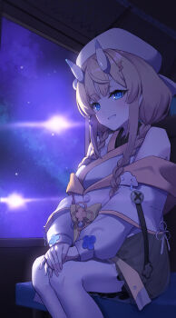 1girl absurdres bare_shoulders black_skirt blonde_hair blue_eyes blue_horns blush braid coat coat_partially_removed feet_out_of_frame flower_knot hair_ornament hair_over_shoulder hakama hakama_skirt hands_on_lap hat headset highres horns japanese_clothes kadou_mikaru kimono layered_sleeves legs_together lightning_bolt lightning_bolt_hair_ornament lightning_bolt_symbol long_sleeves looking_at_viewer low_twin_braids miniskirt multicolored_horns nijisanji pantyhose parted_lips pom_pom_(clothes) pom_pom_hair_ornament puffy_long_sleeves puffy_sleeves ribbon see-through_clothes short_over_long_sleeves short_sleeves sidelighting sidelocks sitting skirt smile solo space train_interior twin_braids two-tone_horns virtual_youtuber white_coat white_hat white_horns white_kimono white_pantyhose x_hair_ornament yakishio_(yakishio_236) yellow_ribbon yellow_trim