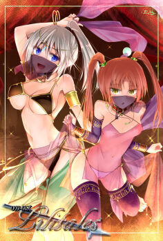 2girls :d arm_up armlet bare_shoulders black_bra black_panties black_veil blue_eyes border bra bracelet breasts cameltoe collar commentary_request copyright_name covered_erect_nipples dancer dancing earrings grey_hair hair_between_eyes harem_outfit harem_pants head_chain jewelry kappamaru lilitales looking_at_viewer mixed-language_text mouth_veil multiple_girls navel necklace open_mouth orange_hair panties pants pink_panties ponytail red_collar see-through_clothes see-through_veil signature small_breasts smile stomach twintails underwear veil yellow_eyes