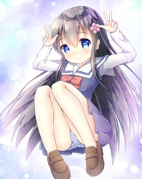 absurdres black_hair blue_eyes blush bow bubble closed_mouth double_v dress flower hair_flower hair_ornament highres loafers long_hair panties pink_flower pleated_skirt red_bow riito_(shannon95) sailor_collar school_uniform shirosaki_hana shirt shoes skirt smile solo sun underwear v very_long_hair watashi_ni_tenshi_ga_maiorita! white_sailor_collar white_shirt