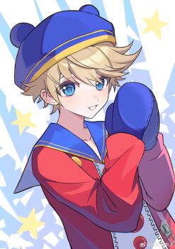 Rule 34 | 1boy, absurdres, bisho imobing hito, blonde hair, blue eyes, blue hat, blue mittens, collarbone, commentary request, hat, highres, kuma (human) (persona 4), kuma (persona 4), long sleeves, looking at viewer, male focus, mittens, open mouth, parted lips, persona, persona 4, sailor collar, short hair, solo, star (symbol)