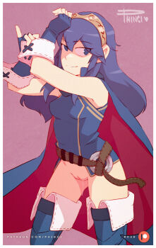 1girl adjusting_clothes adjusting_gloves artist_name blue_eyes blue_gloves blue_hair boots cape cleft_of_venus eyes_visible_through_hair female_focus fingerless_gloves fire_emblem fire_emblem_awakening gloves gluteal_fold long_hair looking_at_viewer lucina_(fire_emblem) nintendo no_panties no_pants phinci pink_background pussy pussy_juice pussy_juice_trail sleeveless smile solo thigh_boots thighhighs tiara uncensored