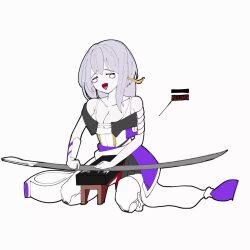 1girl aludoru animated armor bodysuit breasts clothing_cutout goddess_of_victory:_nikke grey_hair highres japanese_armor kote leotard long_hair medium_breasts scarlet_(nikke) sharpening shoulder_armor simple_background sitting sode solo sword tagme tearing_up video weapon whetstone white_background white_bodysuit white_leotard